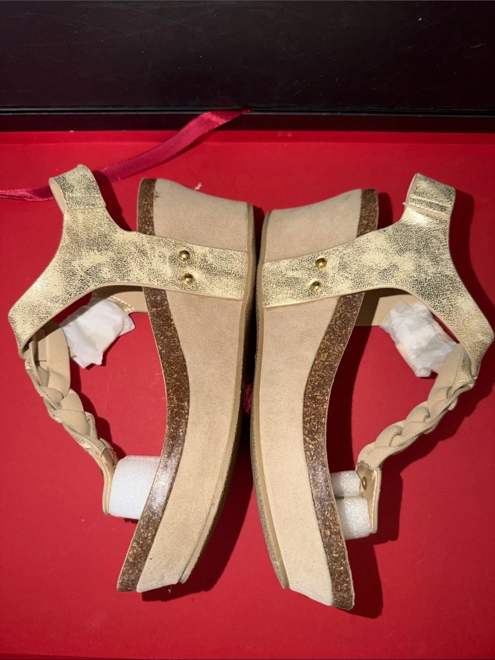 Natural Breeze NWOB Gold Braided T-Strap Wedge Sandals